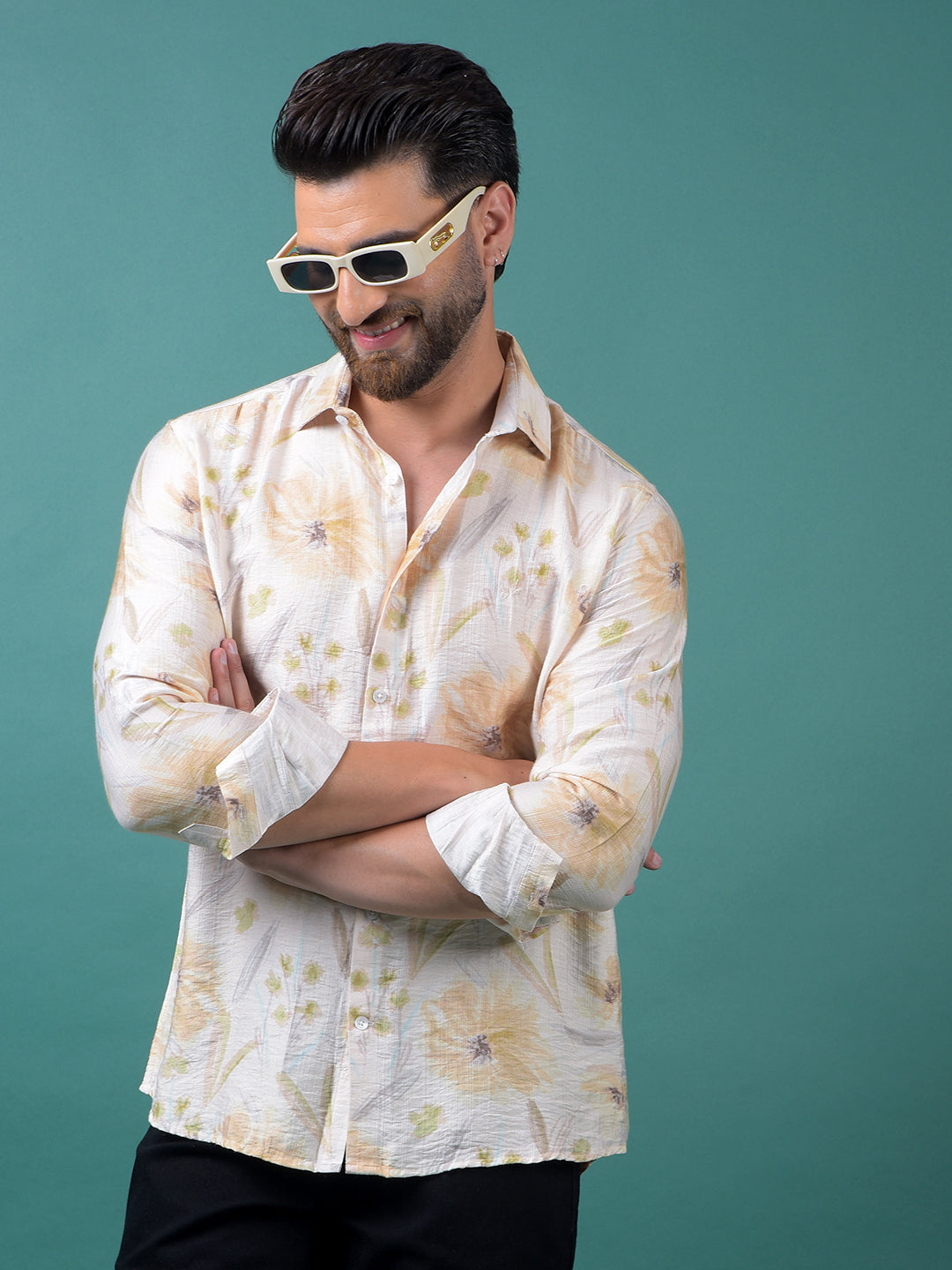 Peach Floral Print Shirt-Men Shirts-Crimsoune Club