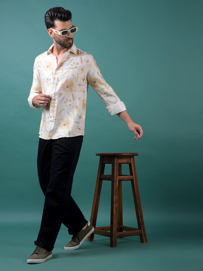 Peach Floral Print Shirt-Men Shirts-Crimsoune Club
