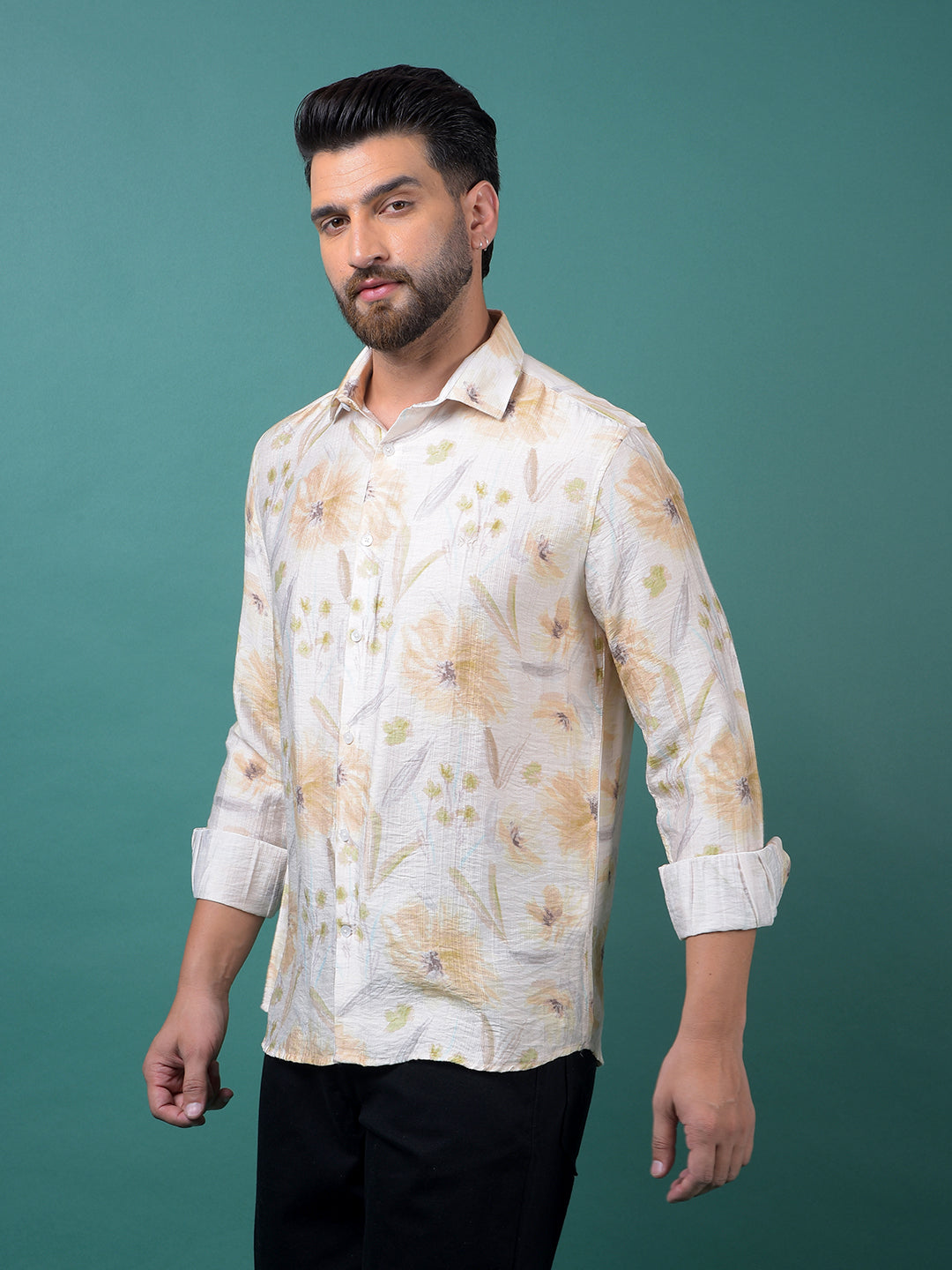 Peach Floral Print Shirt-Men Shirts-Crimsoune Club