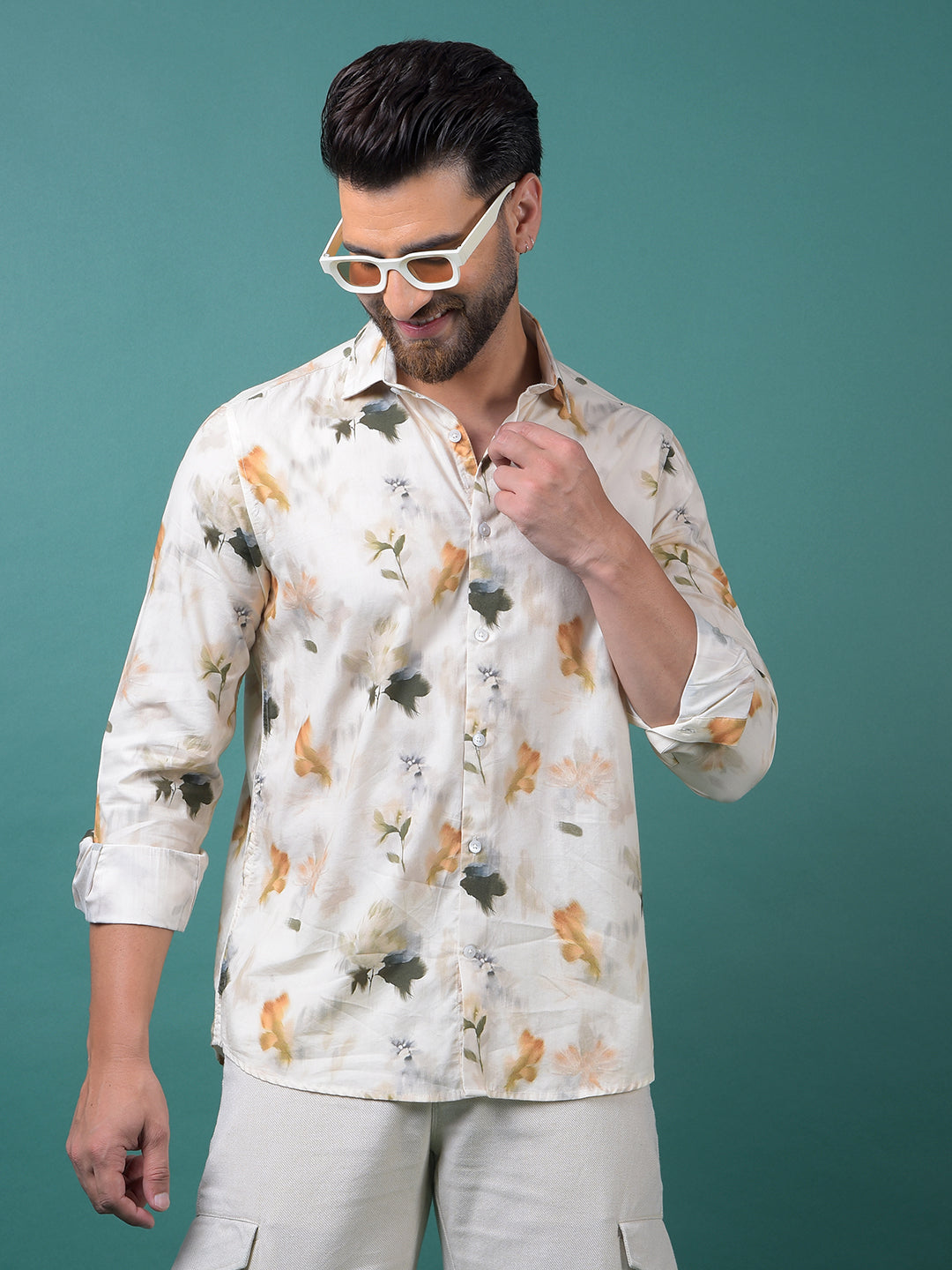 Peach Floral Print Shirt-Men Shirts-Crimsoune Club