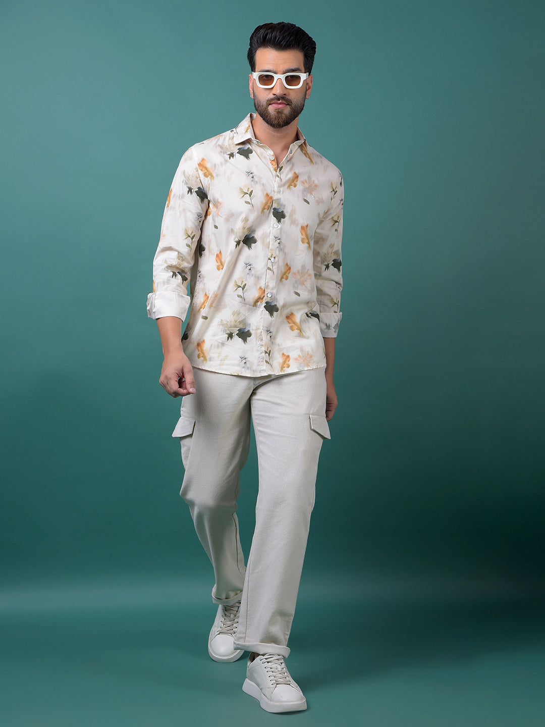 Peach Floral Print Shirt-Men Shirts-Crimsoune Club