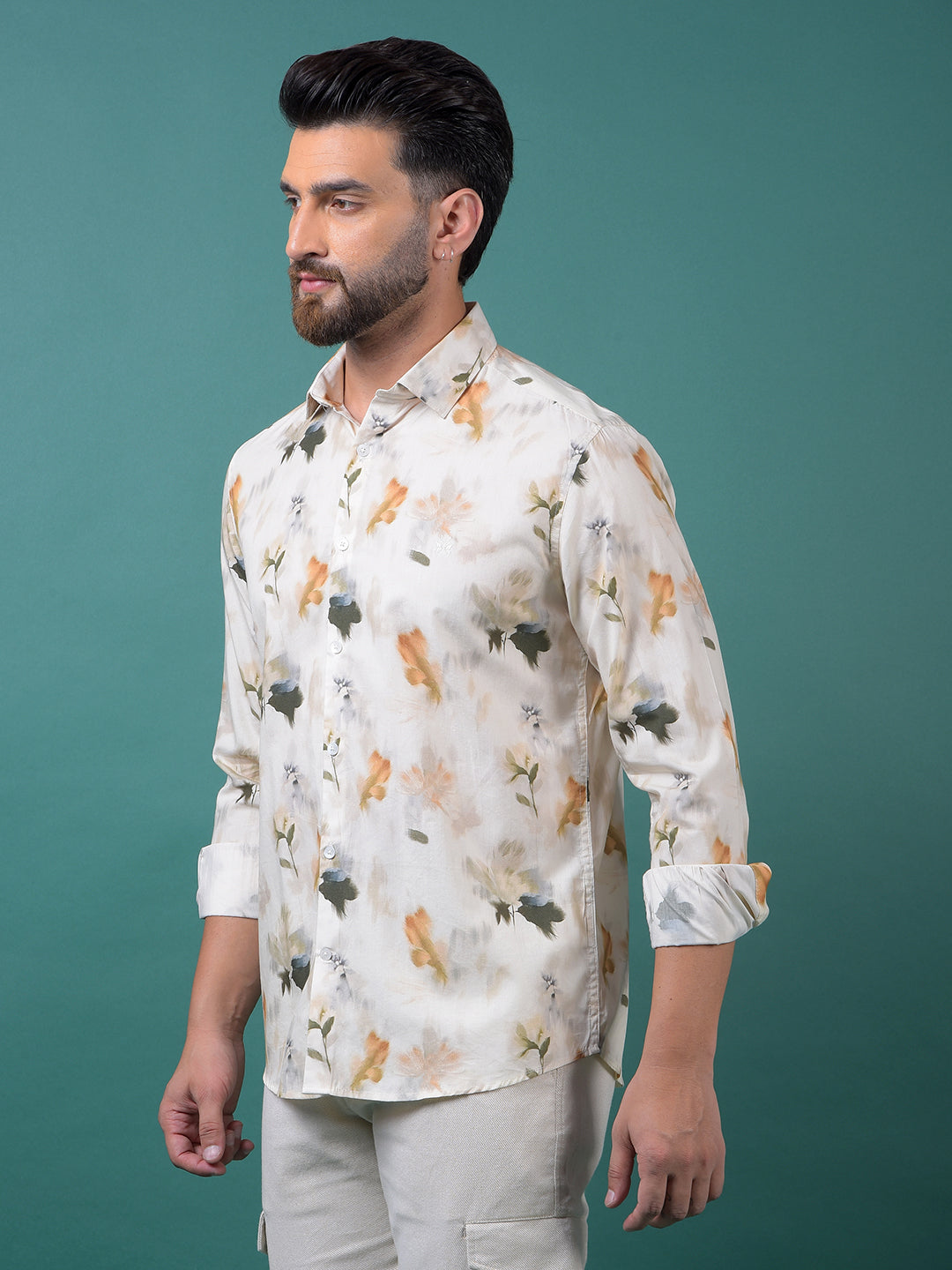 Peach Floral Print Shirt-Men Shirts-Crimsoune Club