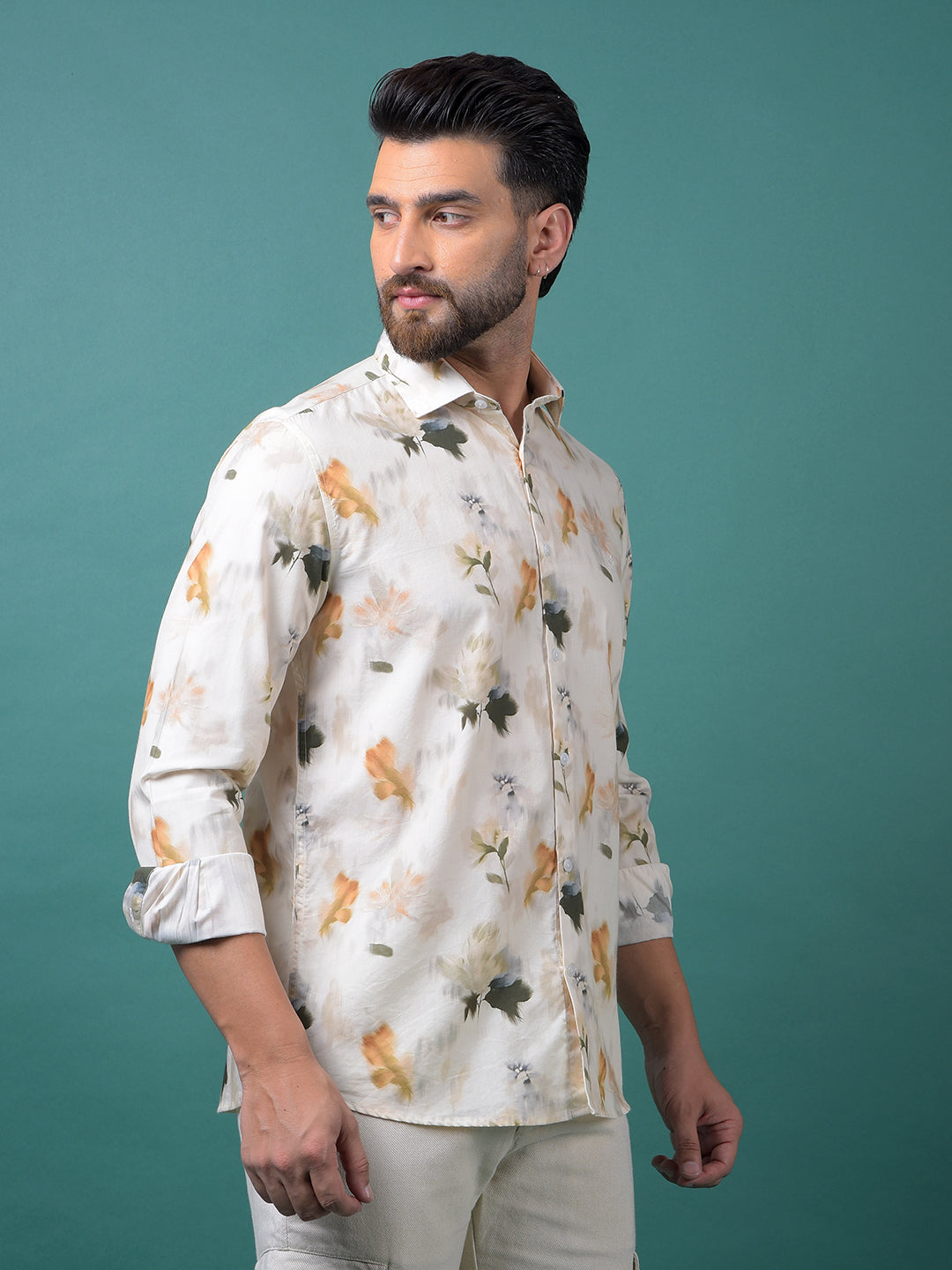 Peach Floral Print Shirt-Men Shirts-Crimsoune Club