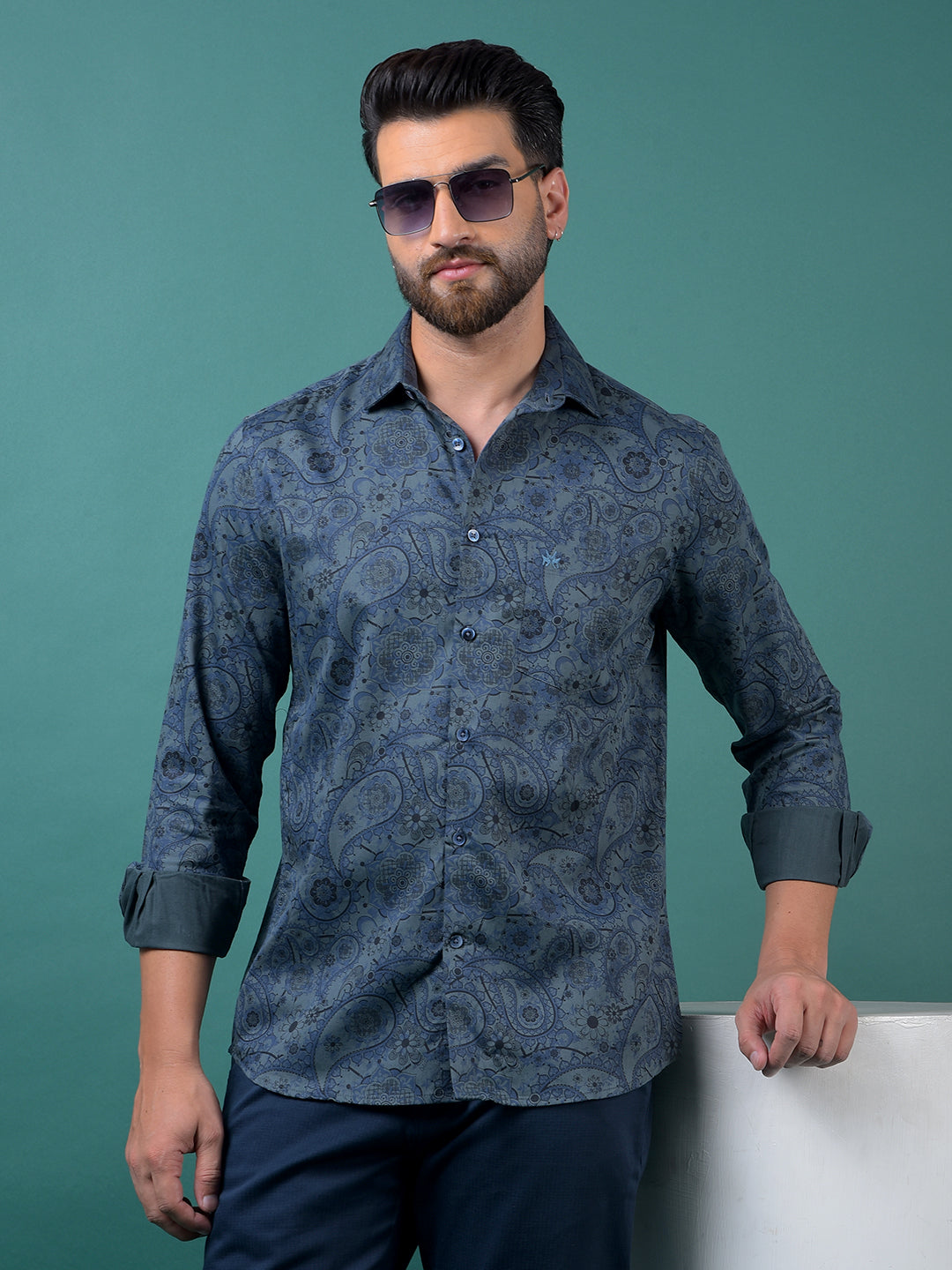 Green Floral Print Shirt-Men Shirts-Crimsoune Club