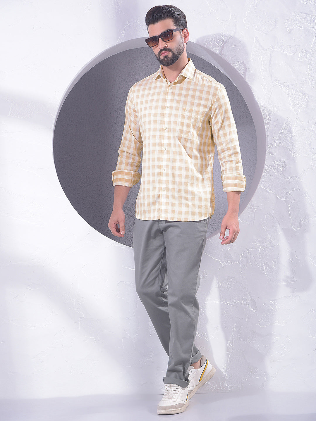 Tan Checked 100% Cotton Shirt-Men Shirts-Crimsoune Club