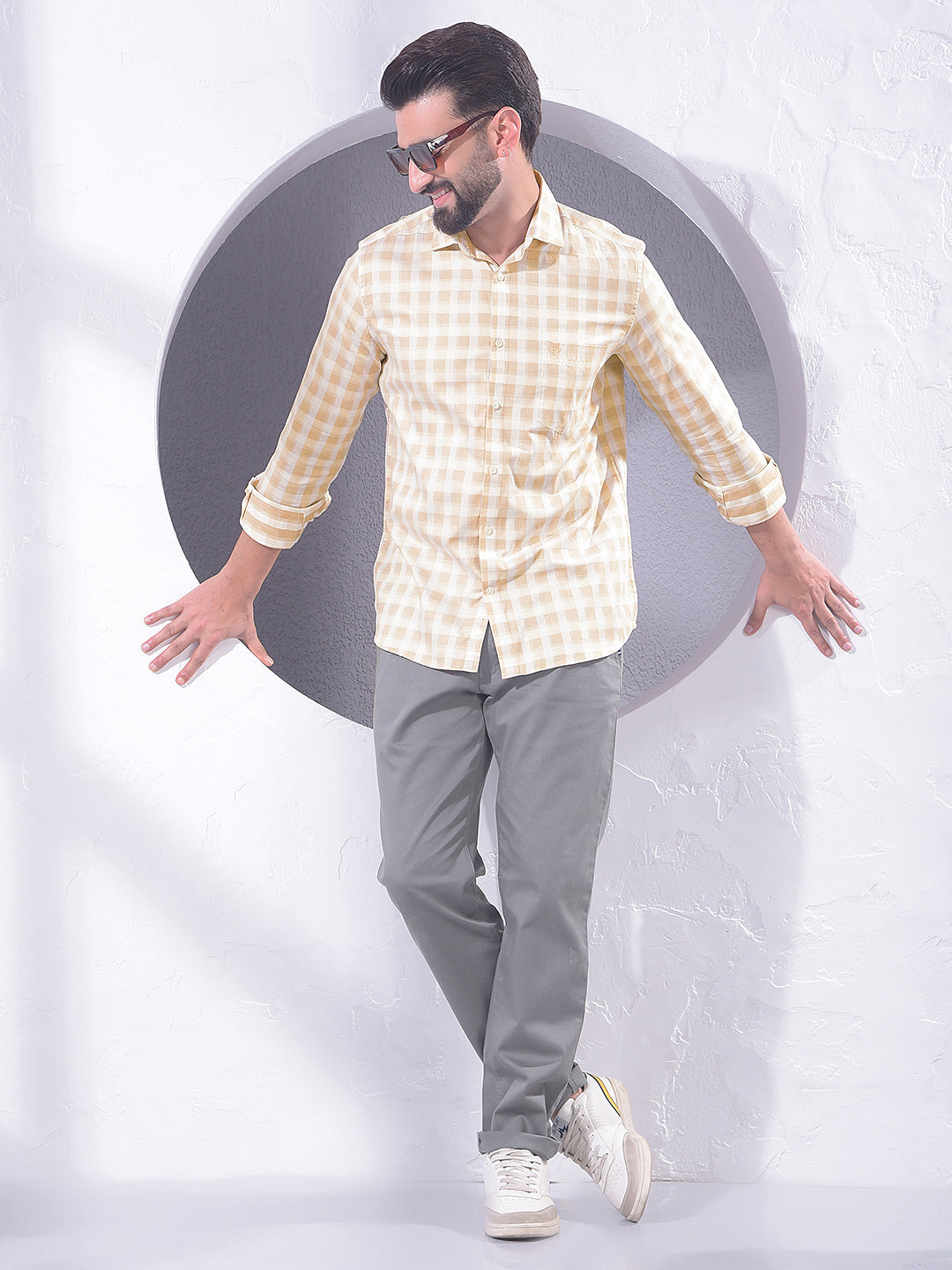 Tan Checked 100% Cotton Shirt-Men Shirts-Crimsoune Club