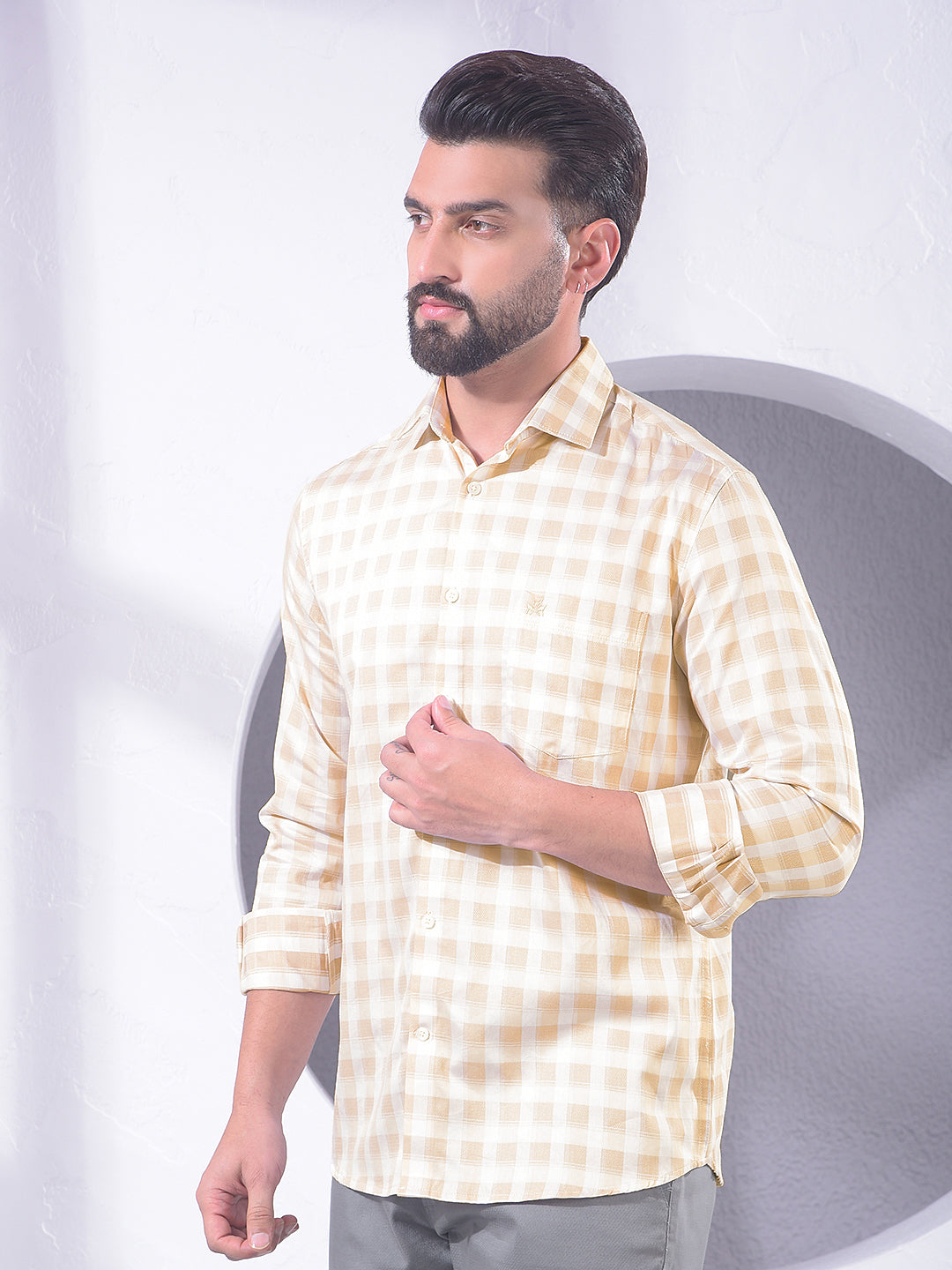 Tan Checked 100% Cotton Shirt-Men Shirts-Crimsoune Club