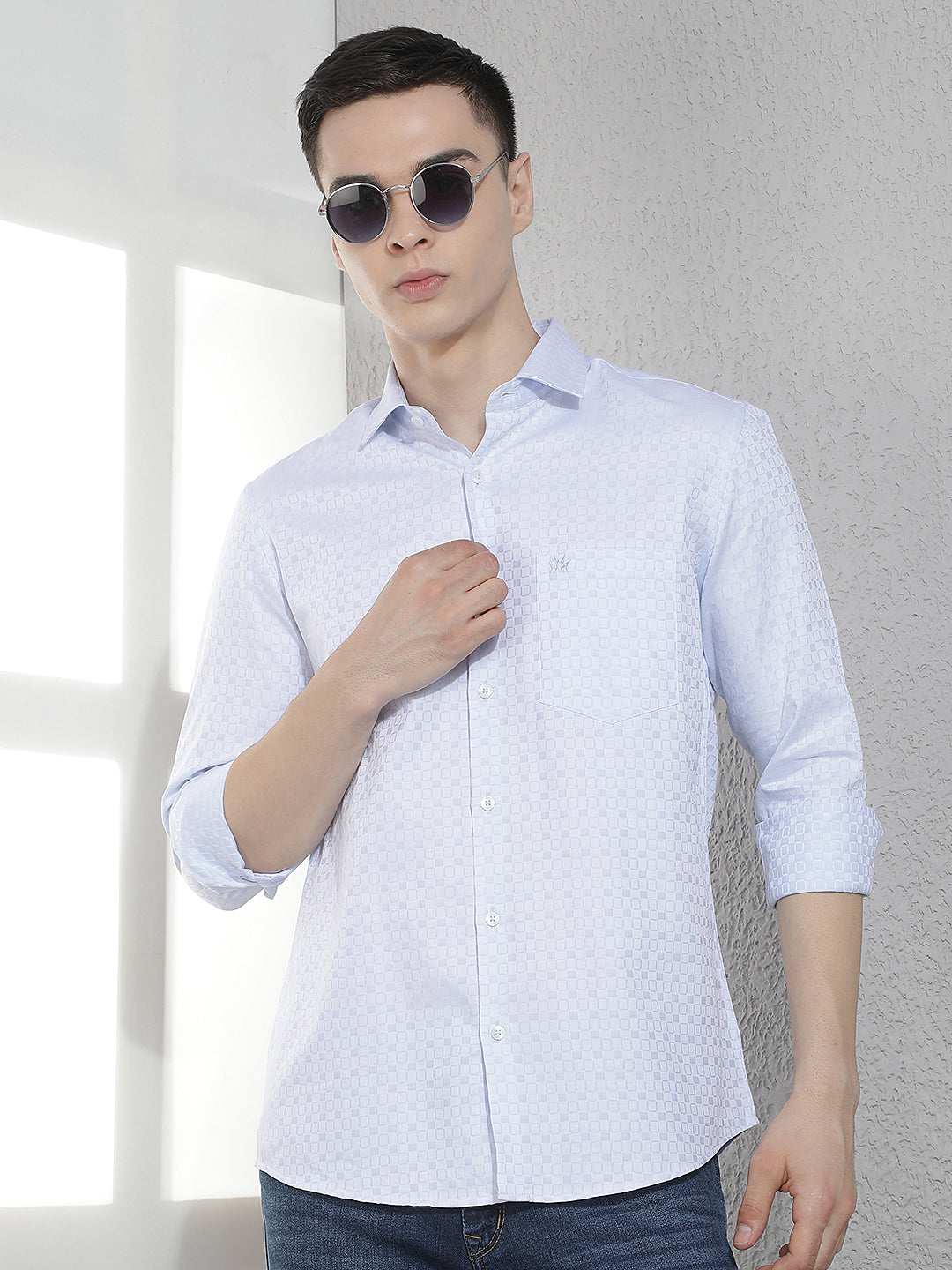 Blue Geometric Print 100% Cotton Shirt-Men Shirts-Crimsoune Club