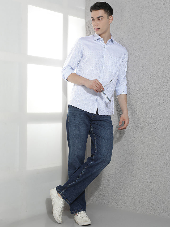 Blue Geometric Print 100% Cotton Shirt-Men Shirts-Crimsoune Club