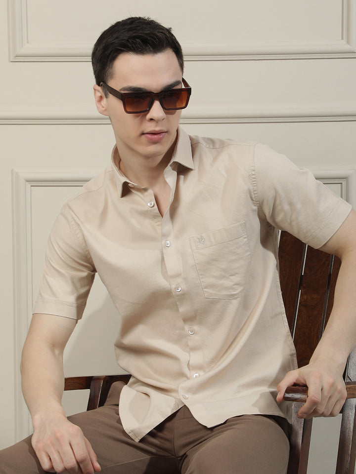 Neutral Beige Refined Casual Shirt-Men Shirts-Crimsoune Club
