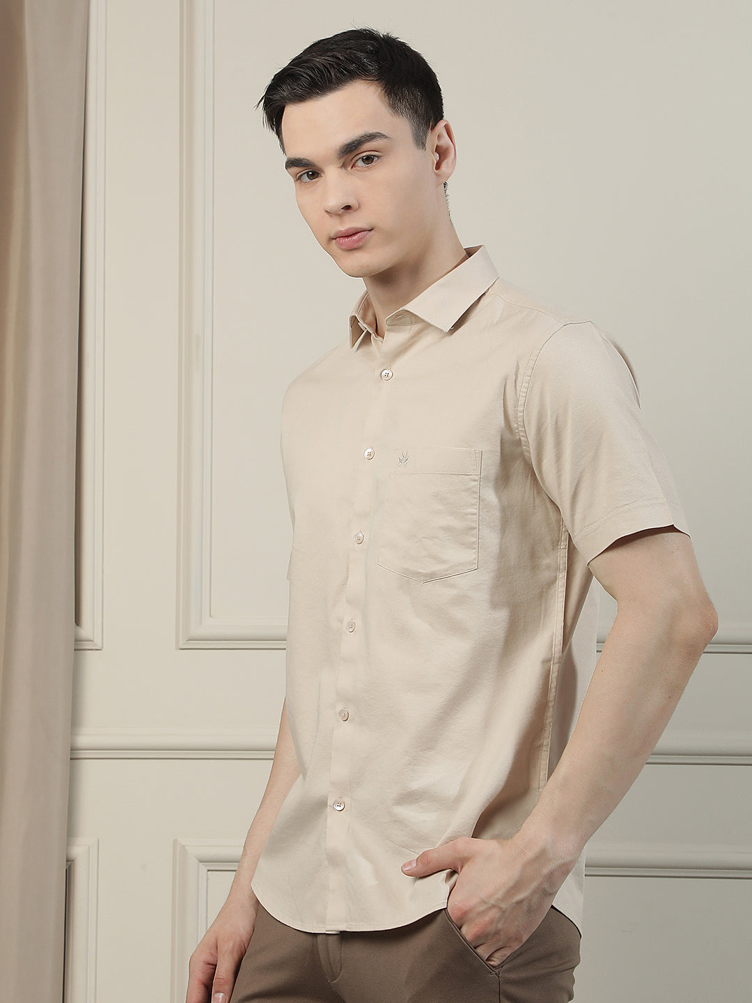 Neutral Beige Refined Casual Shirt-Men Shirts-Crimsoune Club