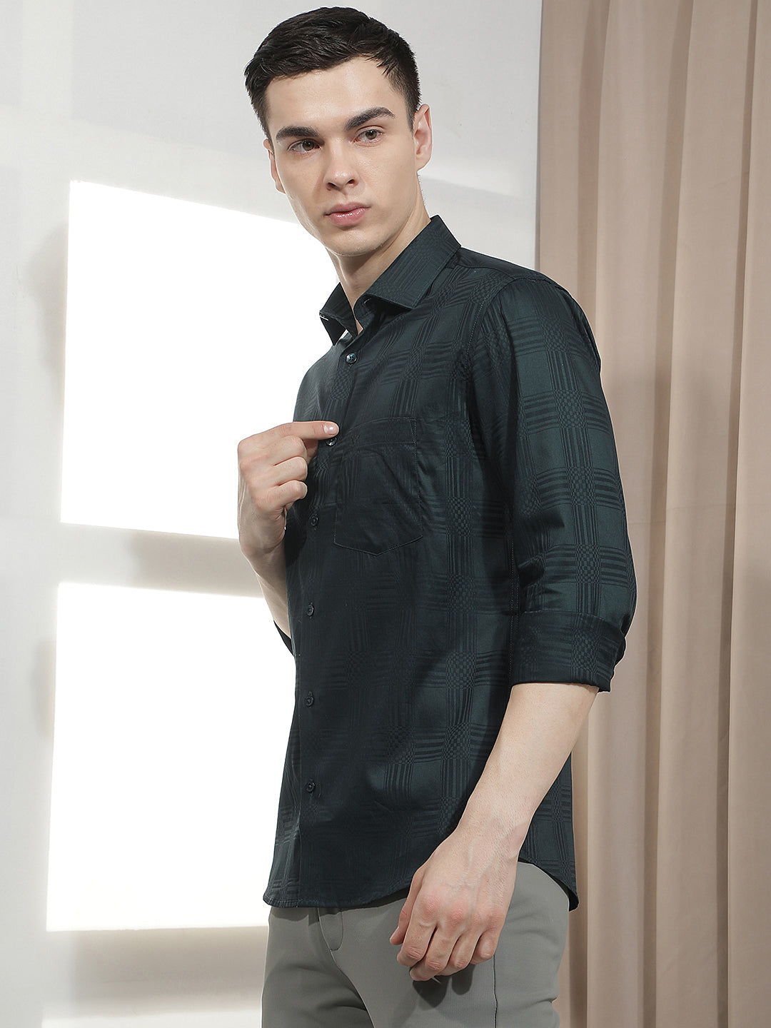 Green Jacquard 100% Cotton Shirt-Men Shirts-Crimsoune Club