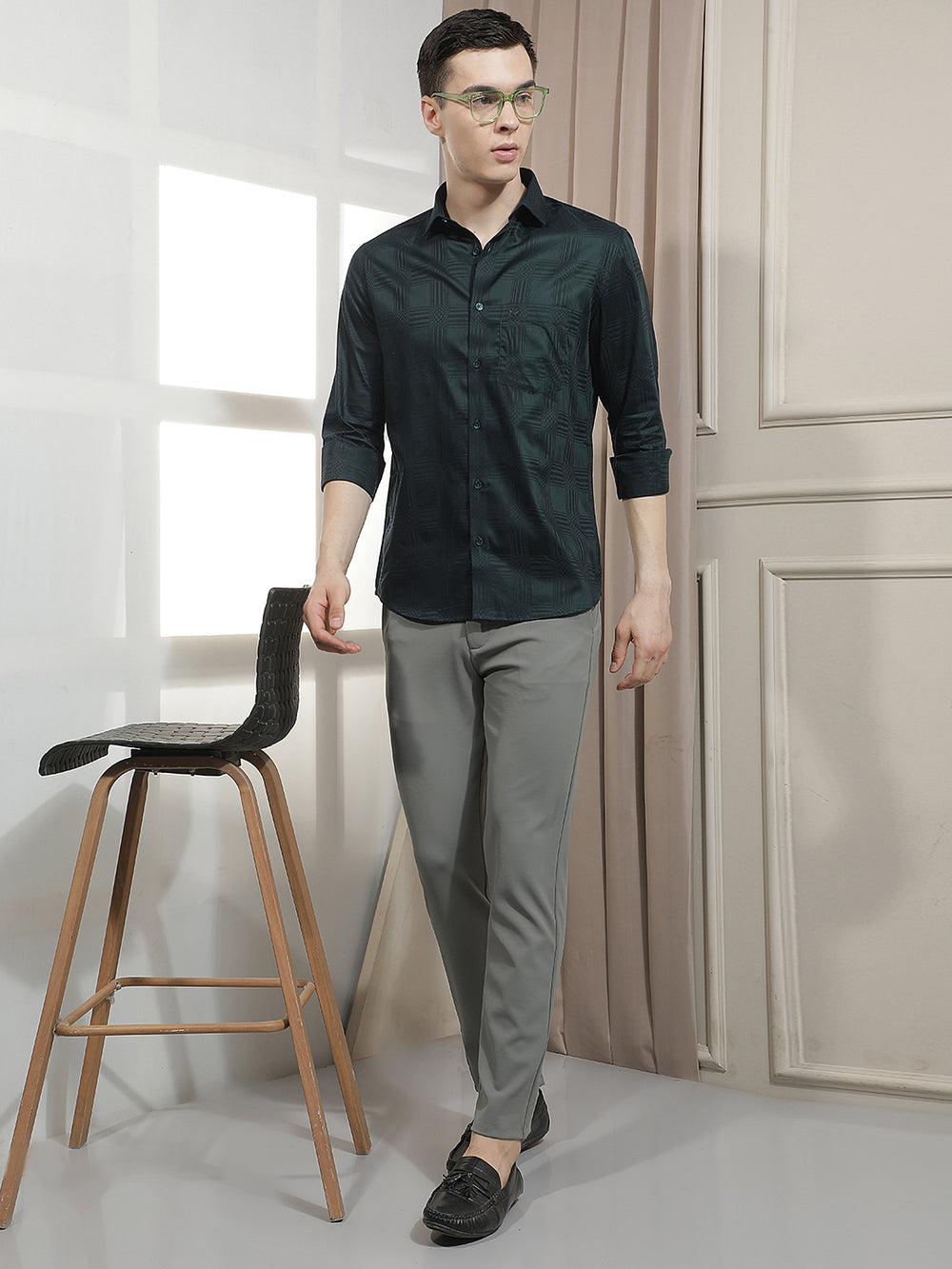 Green Jacquard 100% Cotton Shirt-Men Shirts-Crimsoune Club