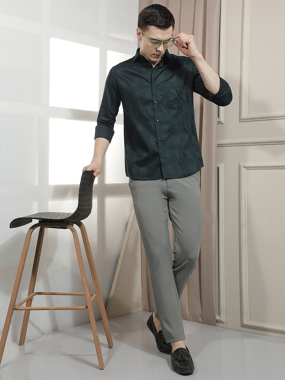 Green Jacquard 100% Cotton Shirt-Men Shirts-Crimsoune Club