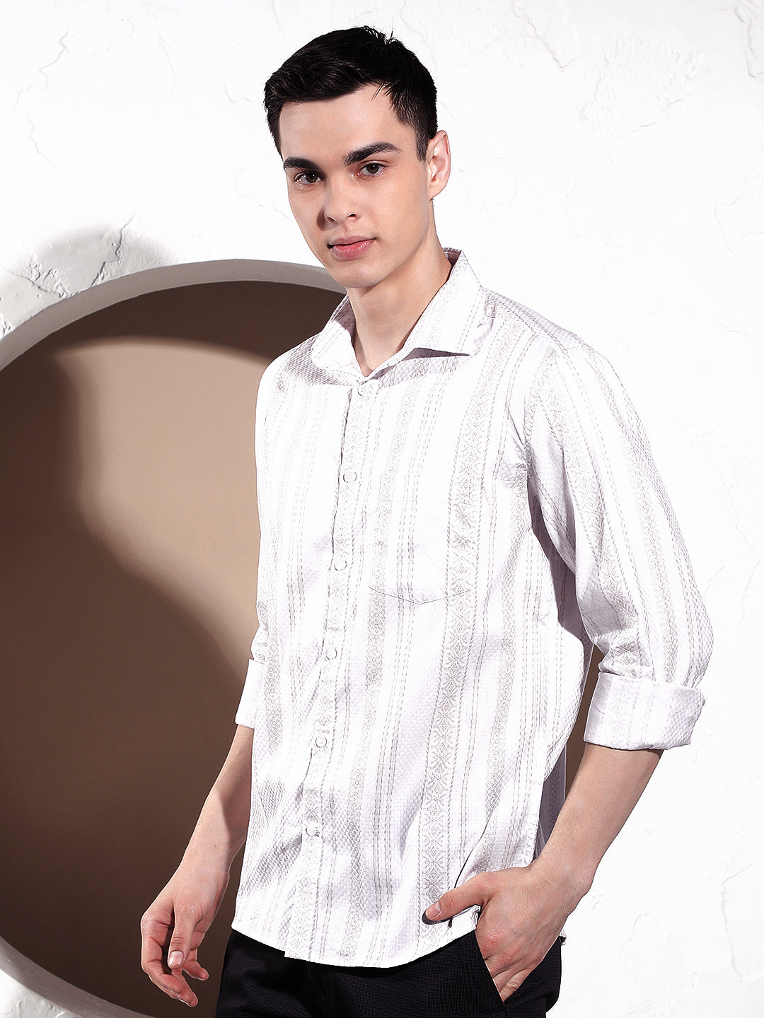 White Vertical Striped 100% Cotton Shirt-Men Shirts-Crimsoune Club