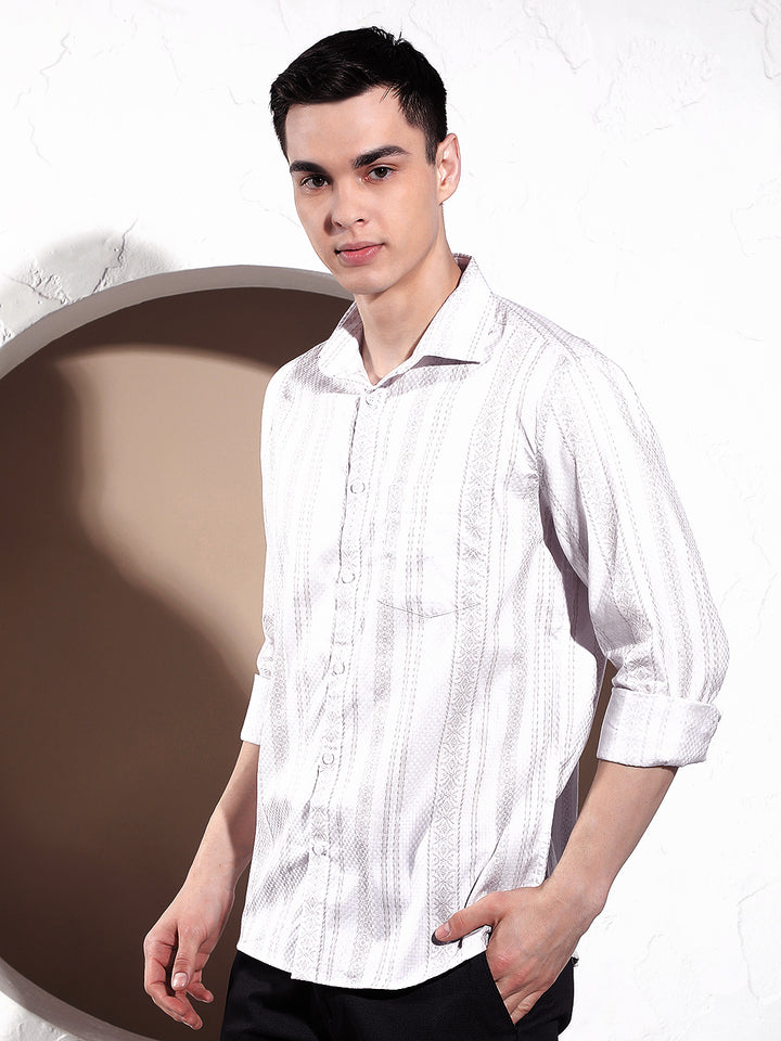 White Vertical Striped 100% Cotton Shirt-Men Shirts-Crimsoune Club