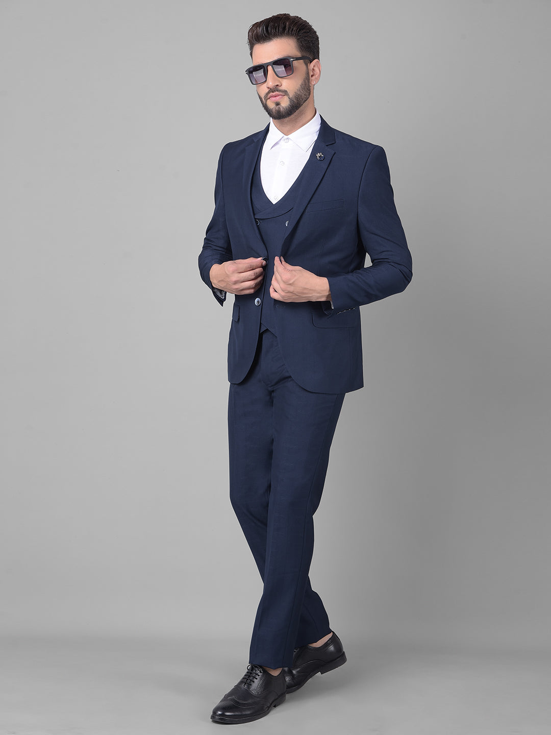 Navy Blue Checked Three-Piece Suit-Men Suits-Crimsoune Club