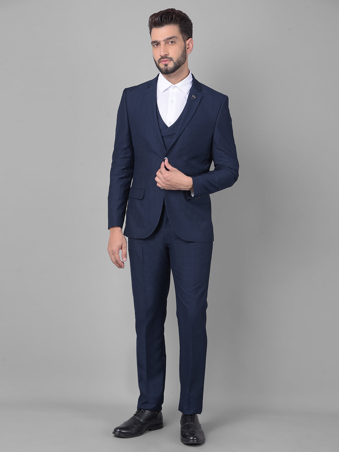 Navy Blue Checked Three-Piece Suit-Men Suits-Crimsoune Club