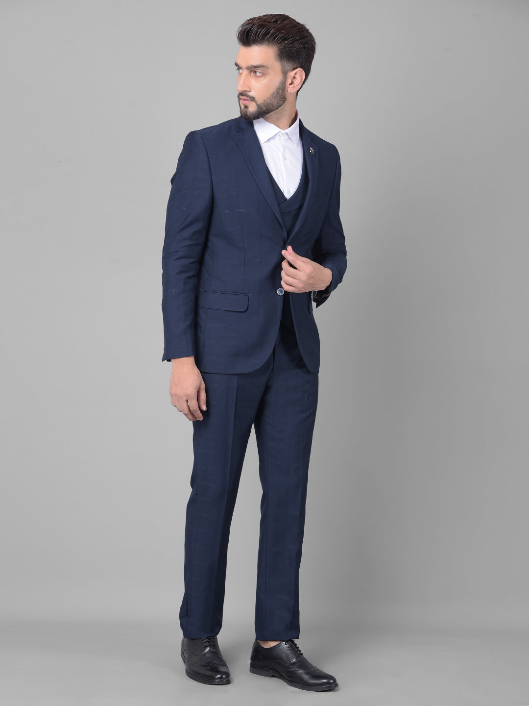 Navy Blue Checked Three-Piece Suit-Men Suits-Crimsoune Club