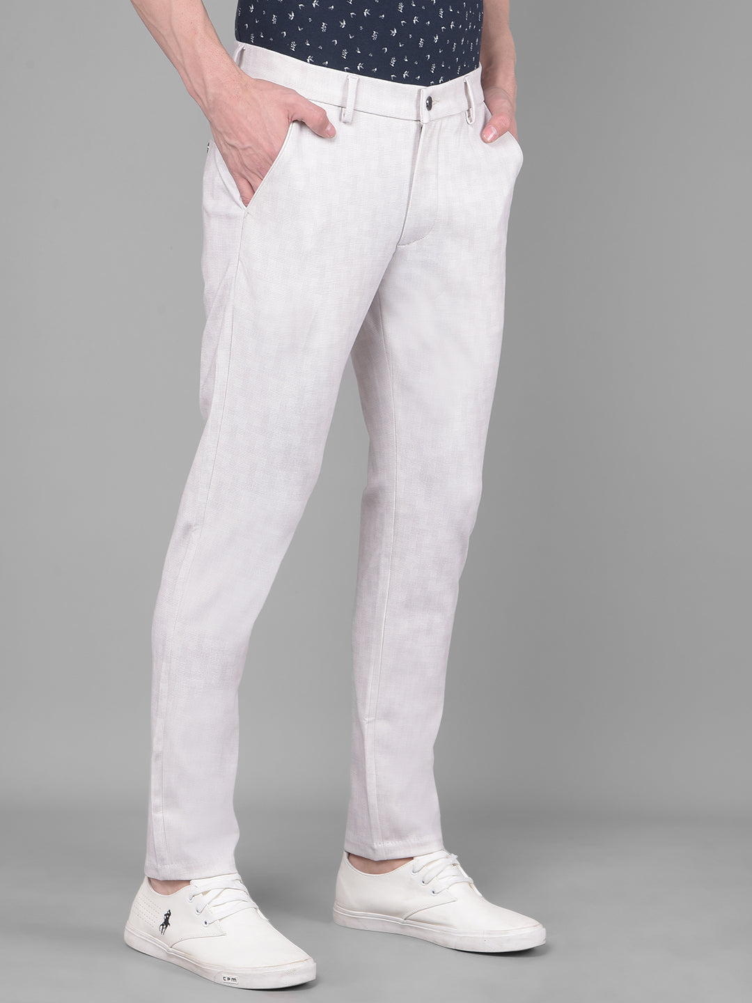 Cream Printed Chinos Trousers-Men Trousers-Crimsoune Club