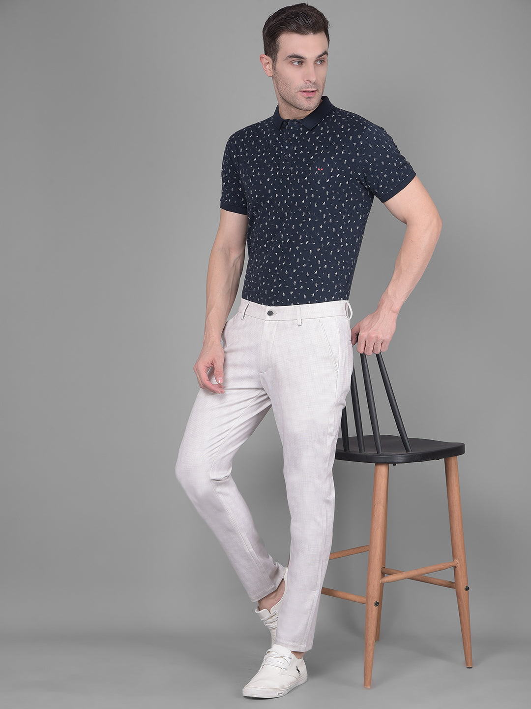 Cream Printed Chinos Trousers-Men Trousers-Crimsoune Club