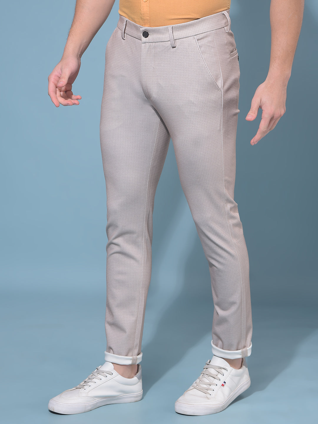 Beige Stretchable Printed Trousers-Men Trousers-Crimsoune Club