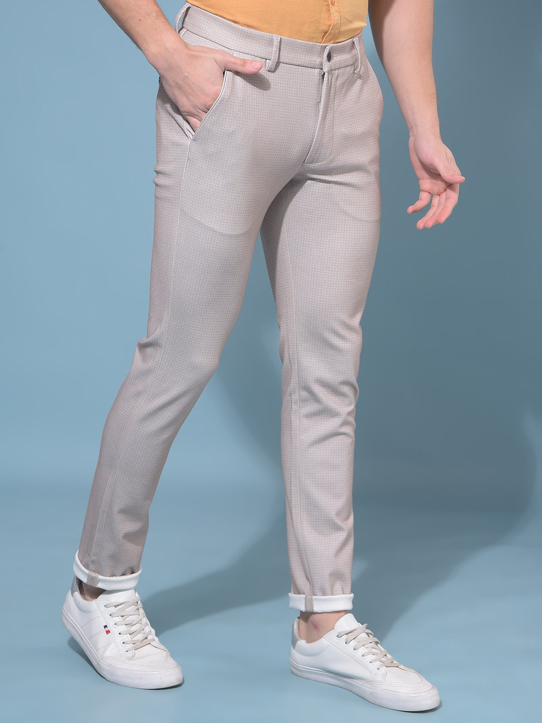 Beige Stretchable Printed Trousers-Men Trousers-Crimsoune Club