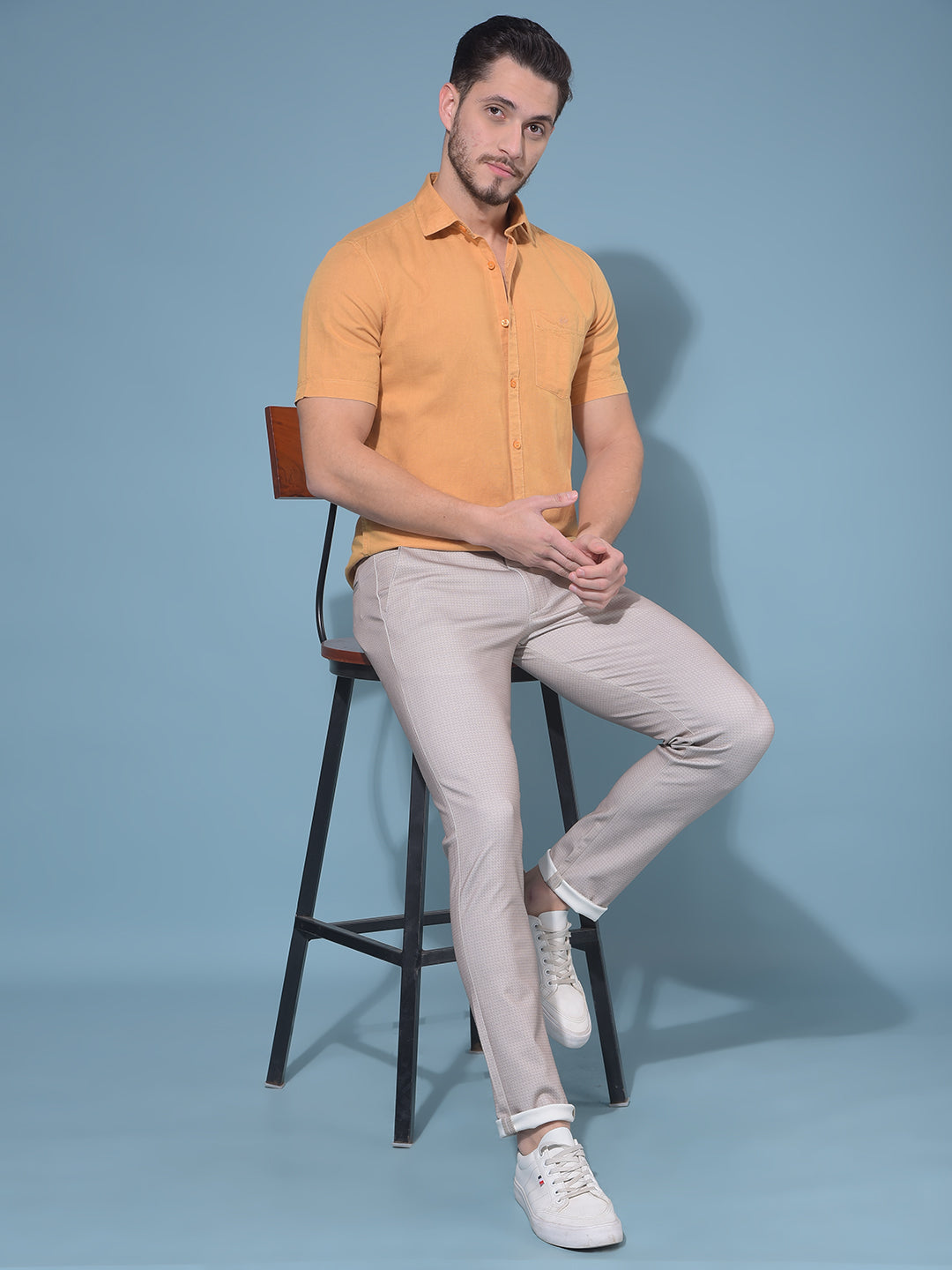 Beige Stretchable Printed Trousers-Men Trousers-Crimsoune Club