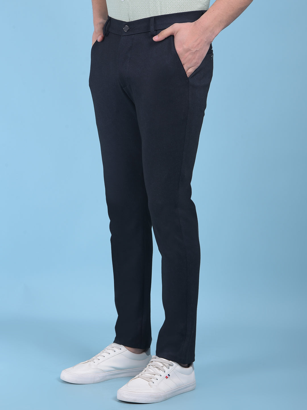 Navy Blue Printed Stretchable Trousers-Men Trousers-Crimsoune Club