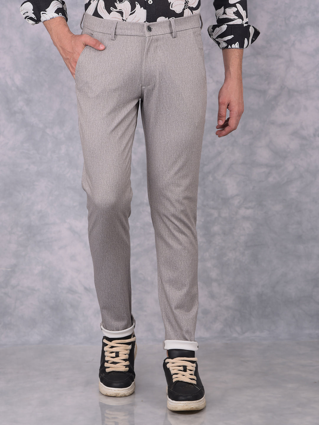 Grey Textured Print Trousers-Men Trousers-Crimsoune Club
