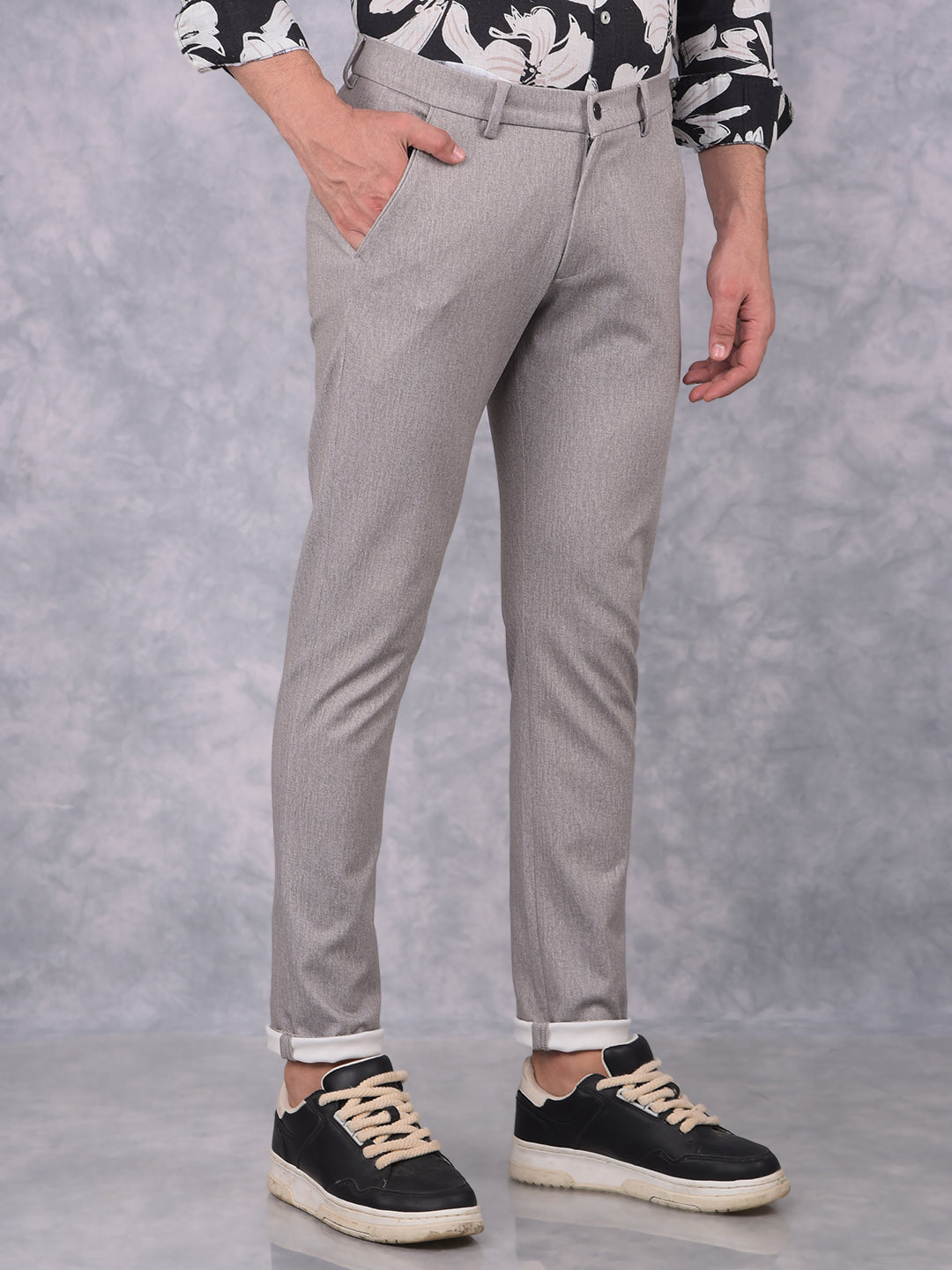 Grey Textured Print Trousers-Men Trousers-Crimsoune Club
