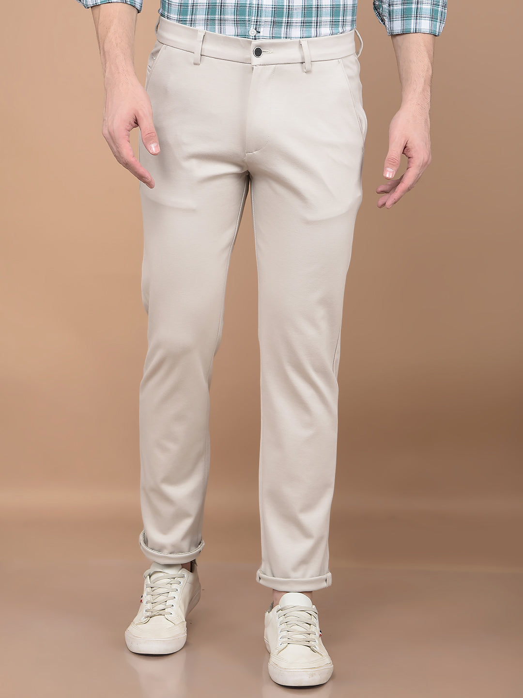 Beige Printed Knitted Trousers-Men Trousers-Crimsoune Club