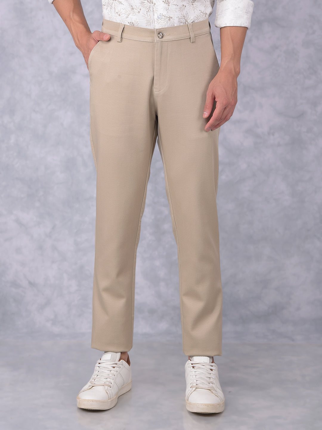 Beige Printed Trousers-Men Trousers-Crimsoune Club