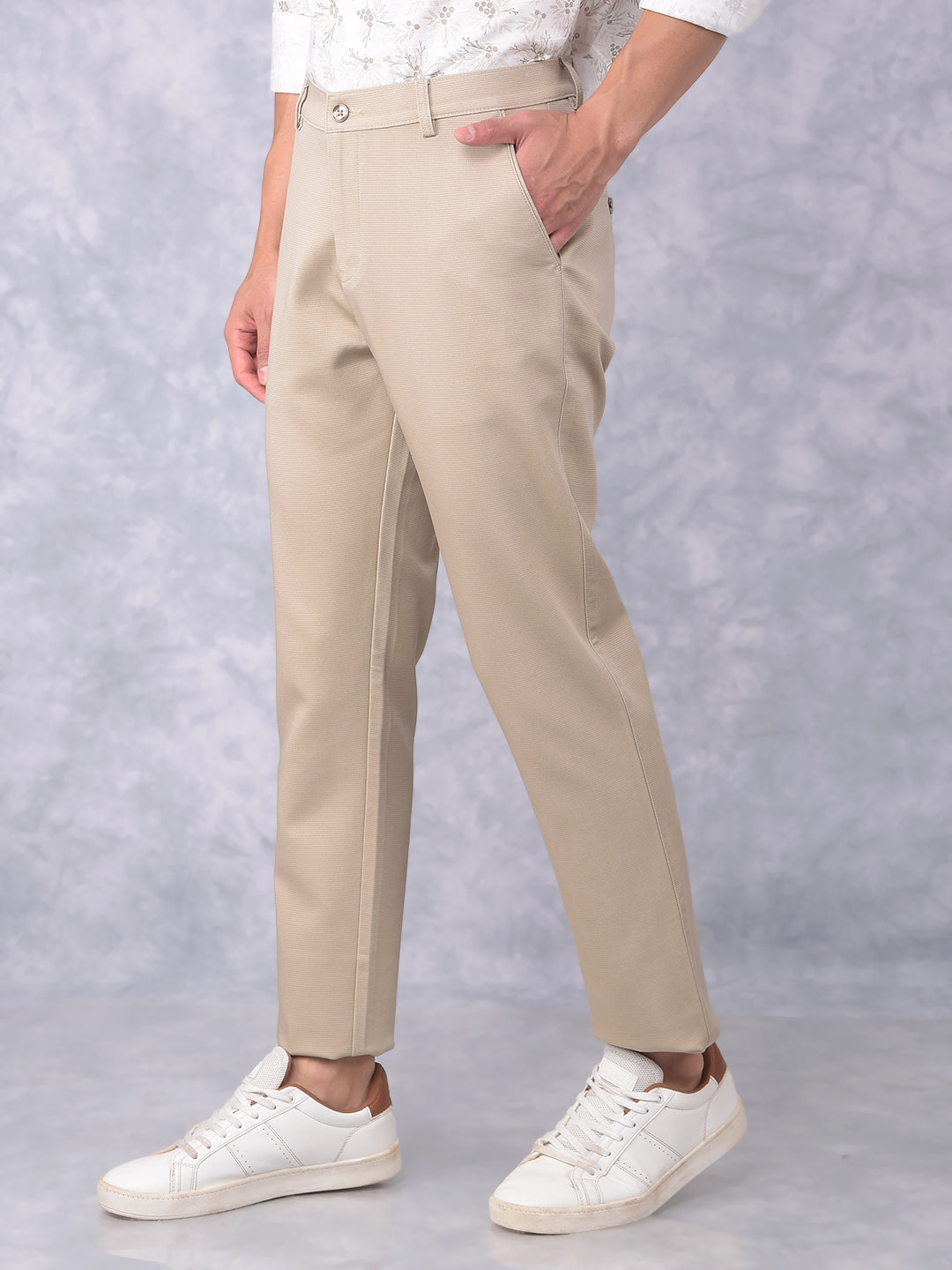 Beige Printed Trousers-Men Trousers-Crimsoune Club