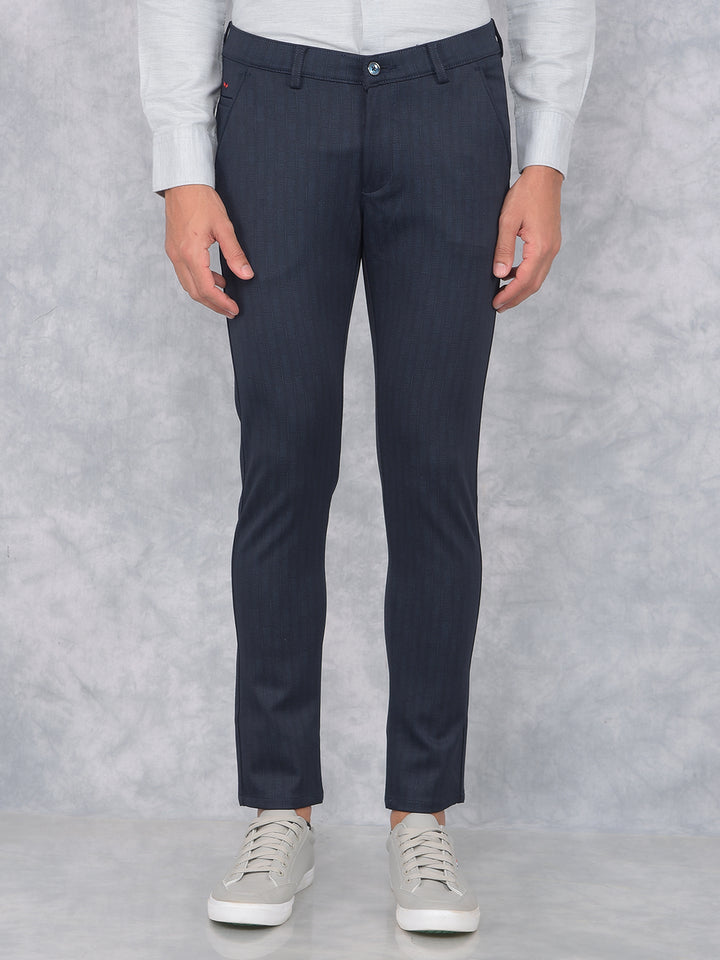 Navy Blue Printed Knitted Trousers-Men Trousers-Crimsoune Club