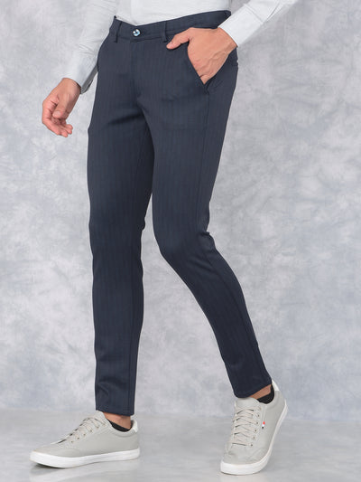 Navy Blue Printed Knitted Trousers-Men Trousers-Crimsoune Club