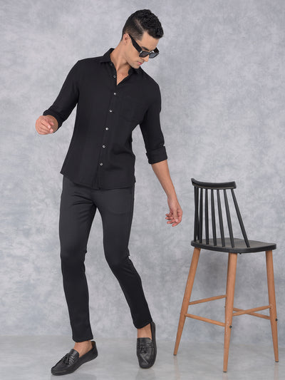 Black Printed Knitted Trousers-Men Trousers-Crimsoune Club