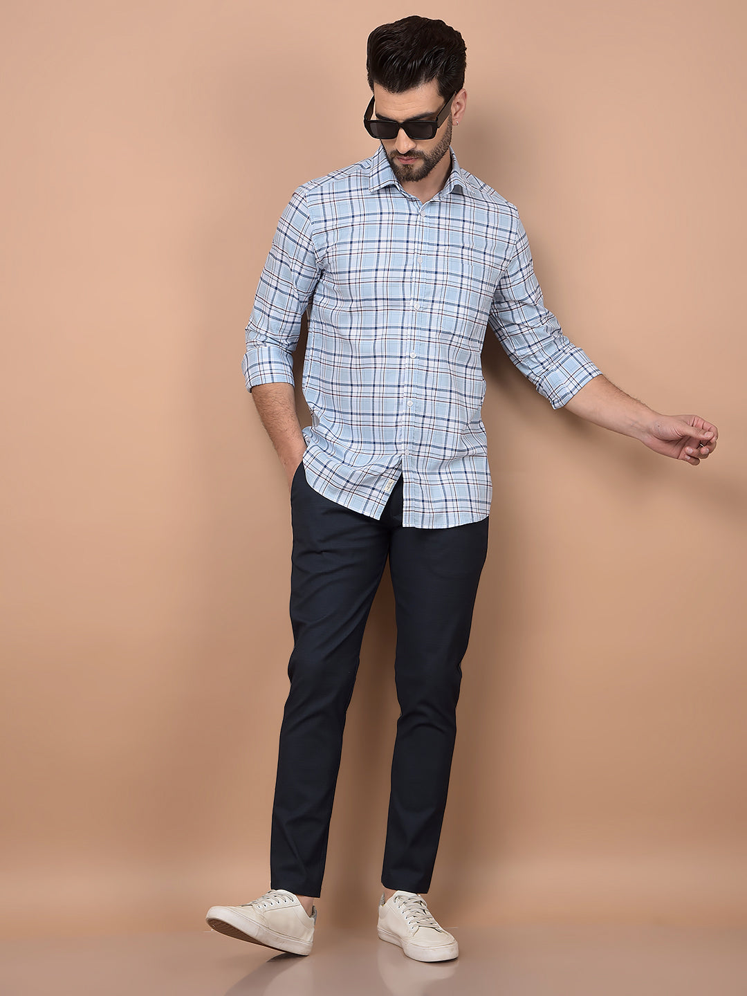 Navy Blue Checked Trousers-Men Trousers-Crimsoune Club