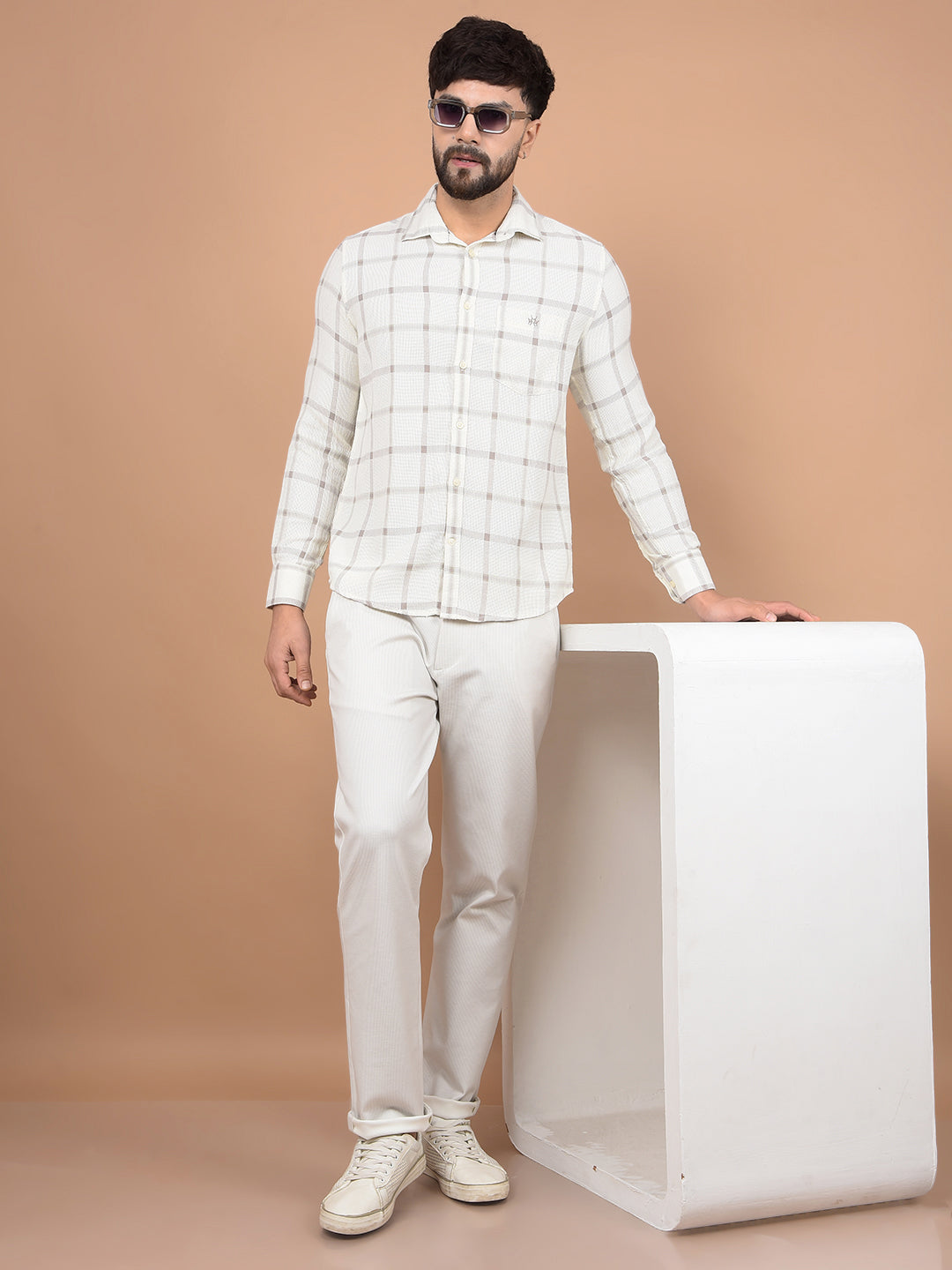 Beige Printed Knitted Trousers-Men Trousers-Crimsoune Club