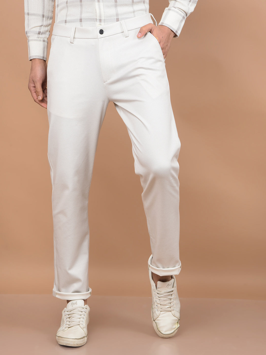 Beige Printed Knitted Trousers-Men Trousers-Crimsoune Club