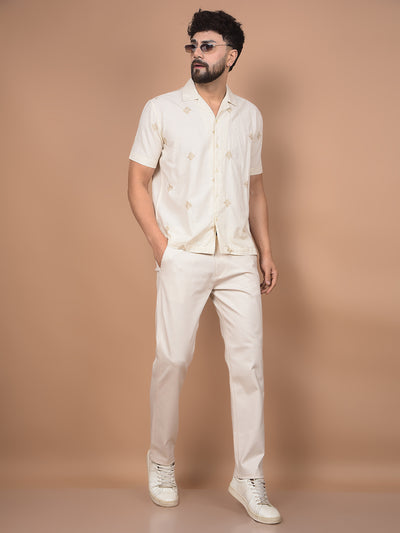 Beige Printed Knitted Trousers-Men Trousers-Crimsoune Club