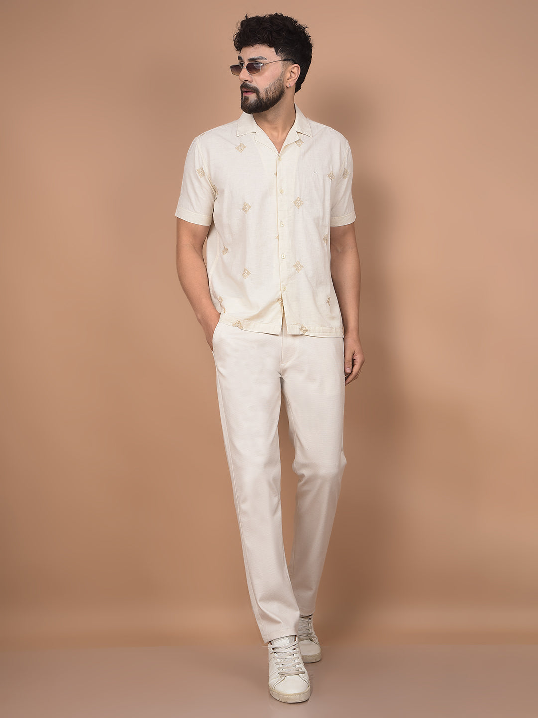 Beige Printed Knitted Trousers-Men Trousers-Crimsoune Club