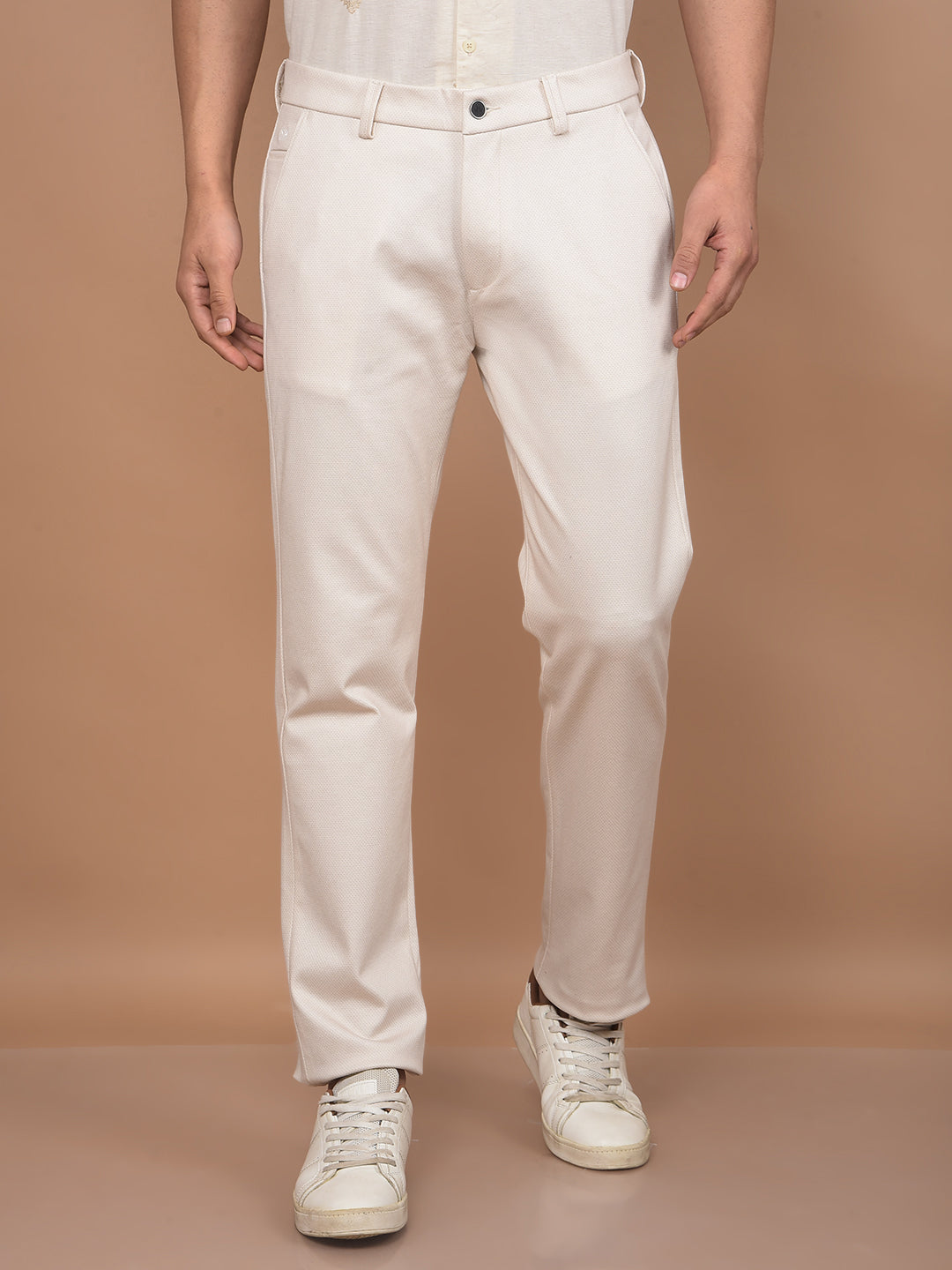 Beige Printed Knitted Trousers-Men Trousers-Crimsoune Club