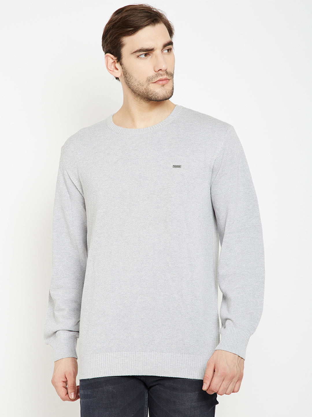 Grey Solid Round Neck Sweater-Mens Sweaters-Crimsoune Club