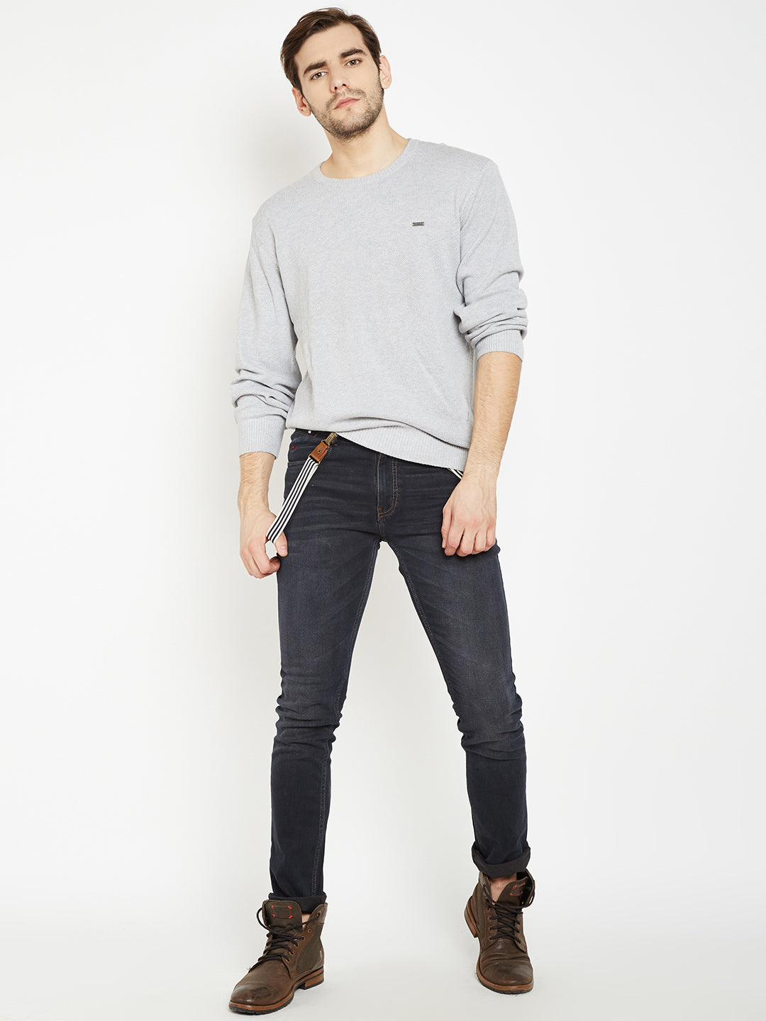 Grey Solid Round Neck Sweater-Mens Sweaters-Crimsoune Club