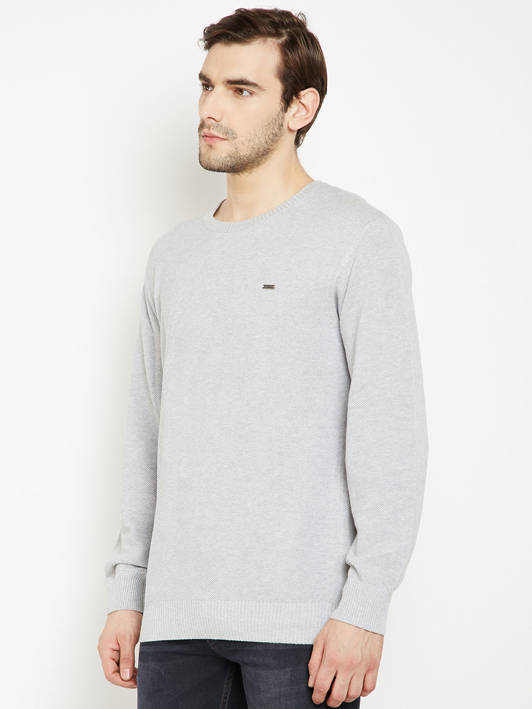 Grey Solid Round Neck Sweater-Mens Sweaters-Crimsoune Club
