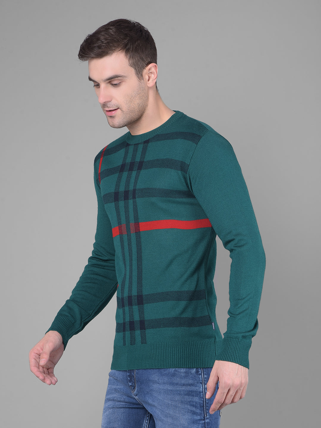 Green Self Design Sweater-Men Sweaters-Crimsoune Club