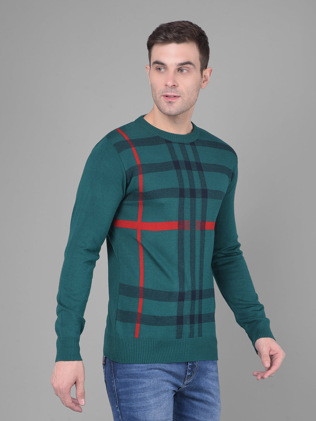 Green Self Design Sweater-Men Sweaters-Crimsoune Club