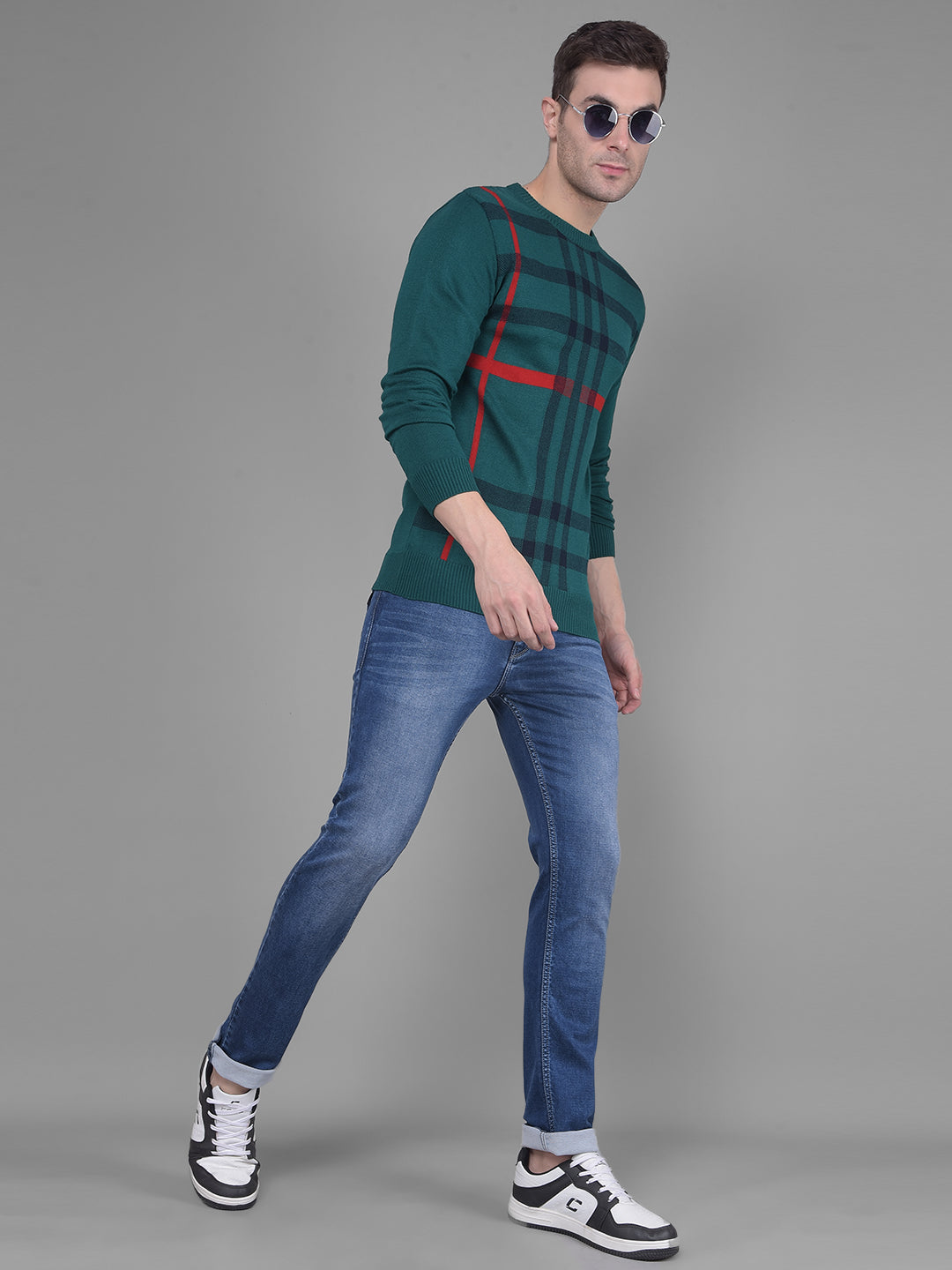 Green Self Design Sweater-Men Sweaters-Crimsoune Club