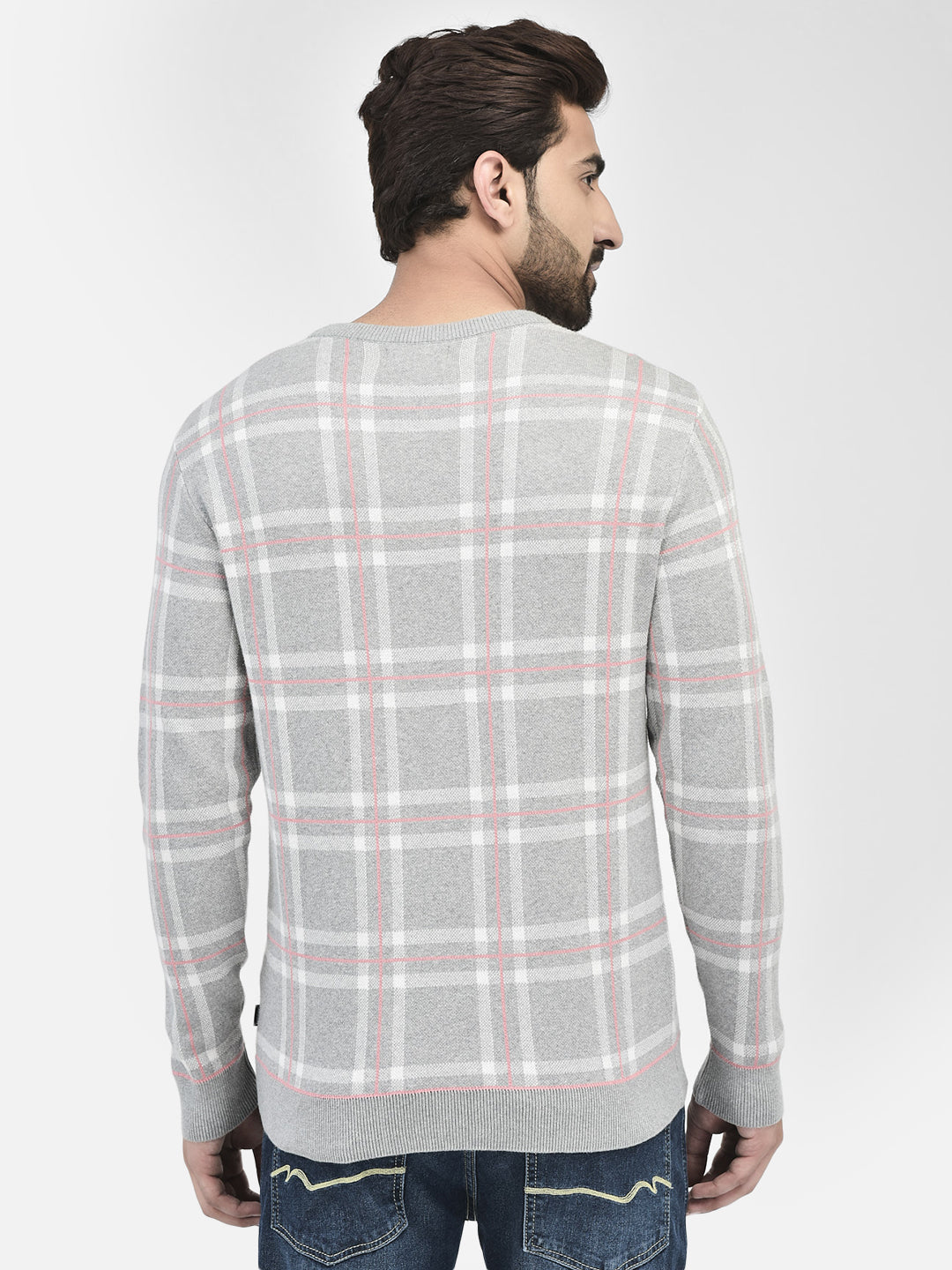 Grey Melange Checked Sweater-Men Sweaters-Crimsoune Club